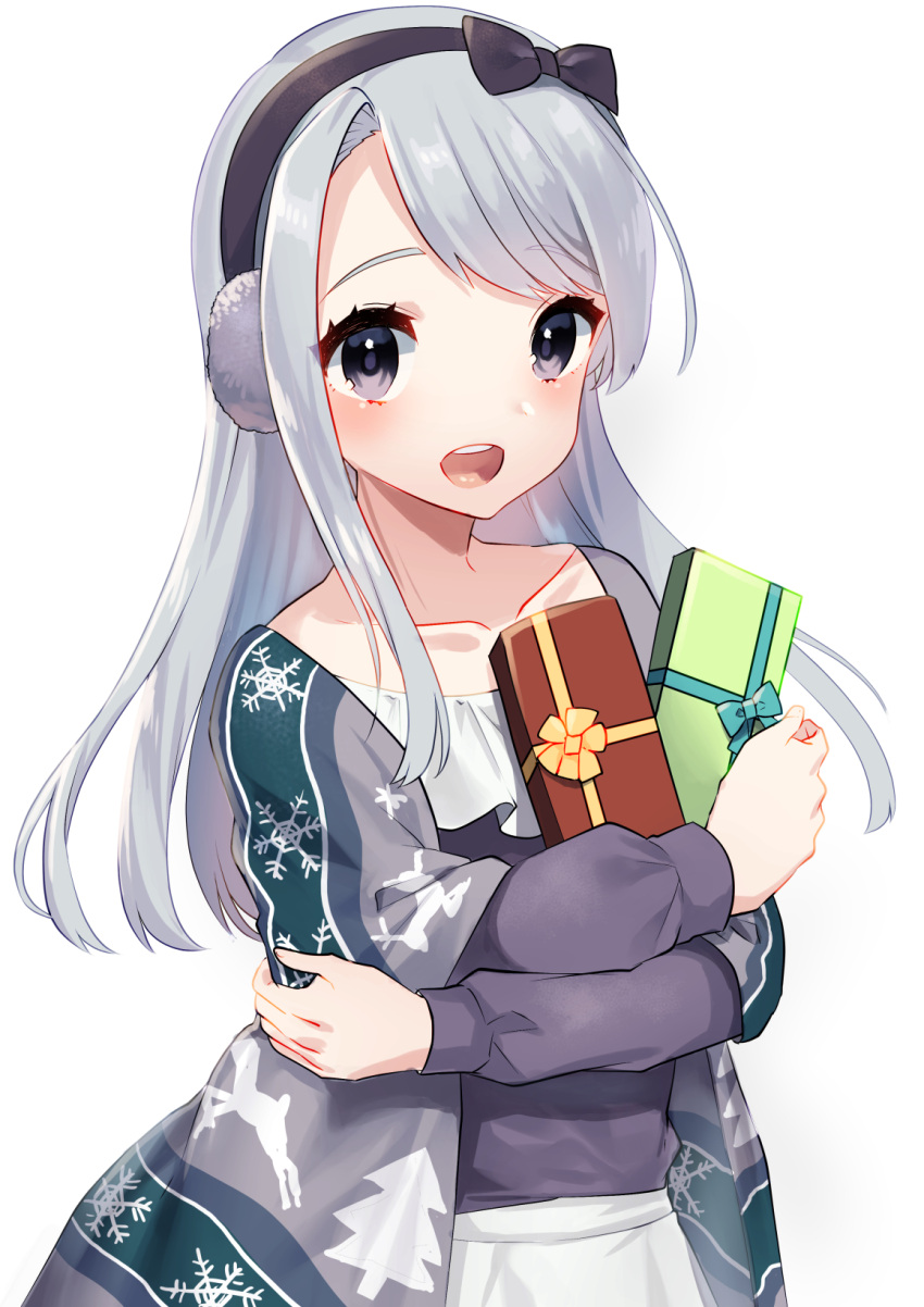 1girl black_hairband christmas_tree cowboy_shot earmuffs gift hairband highres kantai_collection long_hair mizuki_eiru_(akagi_kurage) open_mouth printed_shawl purple_shirt reindeer_print sagiri_(kantai_collection) shawl shirt silver_hair simple_background skirt smile snowflake_print snowflakes solo tree_print upper_teeth violet_eyes white_background white_skirt