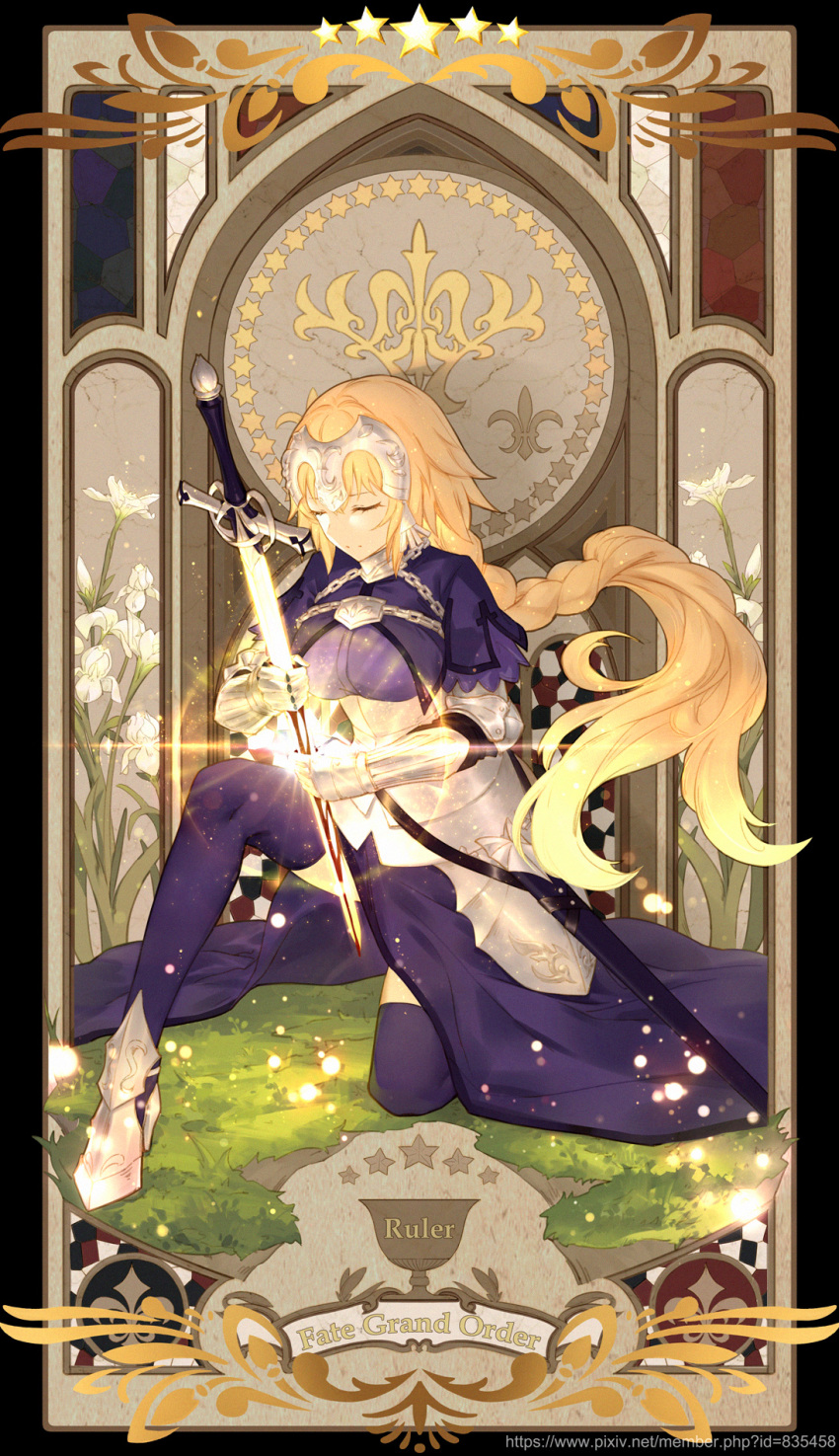1girl armor armored_boots armored_dress blonde_hair blood blue_dress boots braid cangkong chains closed_eyes dress fate/apocrypha fate/grand_order fate_(series) faulds flower fur_trim gauntlets glowing glowing_sword glowing_weapon grass headpiece highres holding holding_sword holding_weapon jeanne_d'arc_(fate) jeanne_d'arc_(fate)_(all) long_braid long_hair one_knee single_braid sitting sword thigh-highs very_long_hair weapon white_flowers