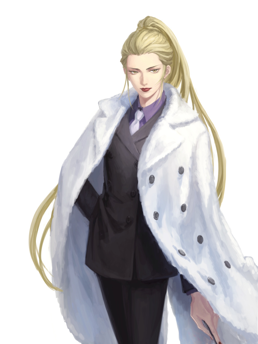 1girl blonde_hair coat devil_summoner formal fur_coat highres holding long_hair madame_ginko necktie qingxingzhen shin_megami_tensei soul_hackers suit very_long_hair yellow_eyes