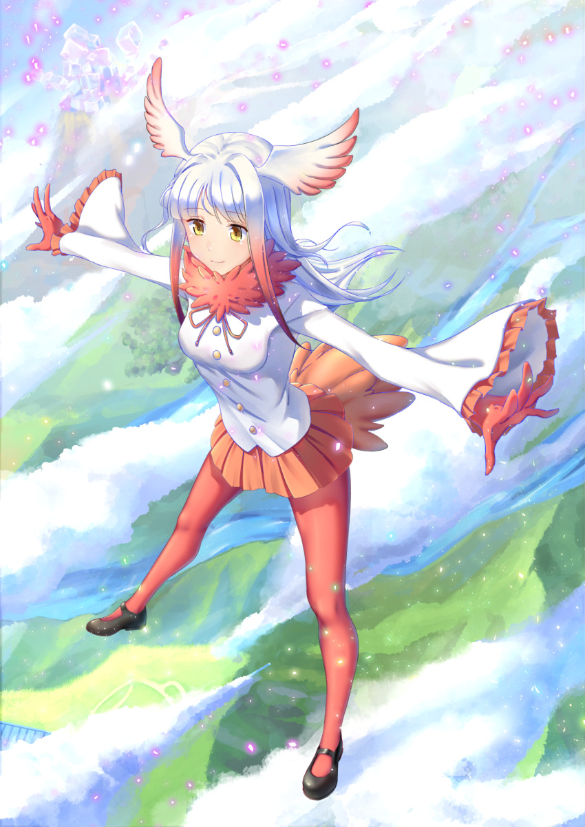 1girl airysher black_footwear clouds commentary_request flying full_body fur_collar gradient_hair head_wings highres japanese_crested_ibis_(kemono_friends) kemono_friends long_sleeves multicolored_hair orange_skirt outstretched_arms pantyhose pleated_skirt red_eyes red_legwear redhead sandstar scenery shirt shoes skirt smile solo spread_arms white_hair white_shirt wide_sleeves yellow_eyes