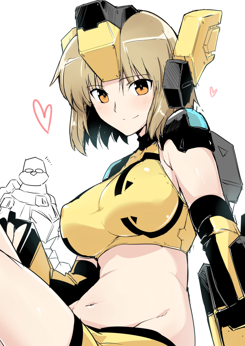 1girl absurdres bangs bare_shoulders blonde_hair blush breasts closed_mouth commentary_request cosmic_break detached_sleeves harukon_(halcon) headgear highres large_breasts looking_at_viewer navel orange_eyes rei_(cosmic_break) robot_ears short_hair short_shorts shorts simple_background sitting smile solo white_background