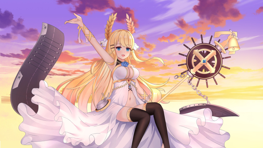 1girl :d absurdres arm_ribbon arm_up azur_lane bangs bare_arms bare_shoulders bell biako black_legwear blonde_hair blue_eyes blush breasts cleavage clouds commentary_request dress eyebrows_visible_through_hair hair_ornament hair_ribbon hairclip highres holding holding_staff impossible_clothes impossible_dress large_breasts laurel_crown long_hair looking_at_viewer navel open_mouth outdoors ribbon ship's_wheel sitting sky sleeveless sleeveless_dress smile solo staff sunset thigh-highs thighs very_long_hair victorious_(azur_lane) white_dress white_ribbon yellow_ribbon