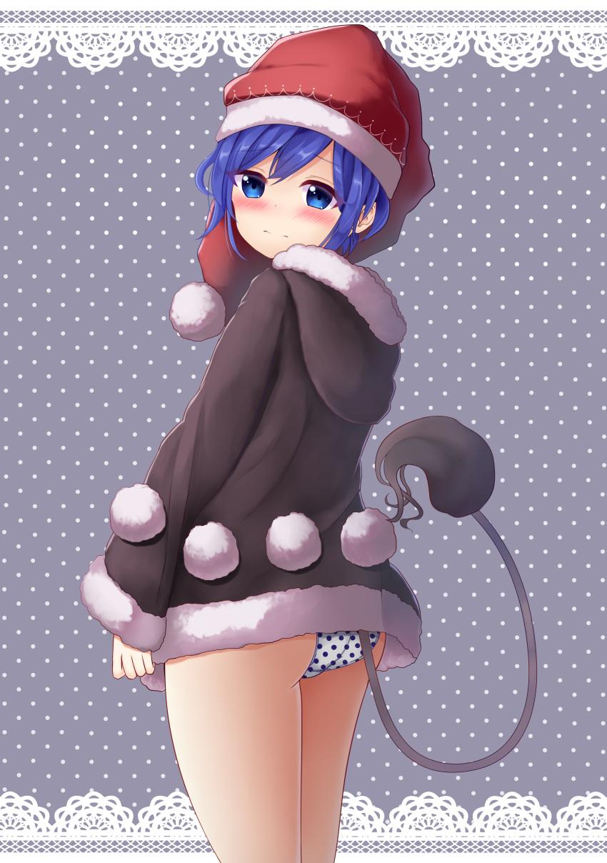 1girl absurdres ass black_hoodie blue_eyes blue_hair blush closed_mouth commentary_request doremy_sweet fur_trim hat highres hood hood_down long_sleeves looking_at_viewer nightcap no_pants panties polka_dot polka_dot_panties red_hat short_hair solo standing suigetsu_(watermoon-910) tail tapir_tail touhou underwear unmoving_pattern white_panties