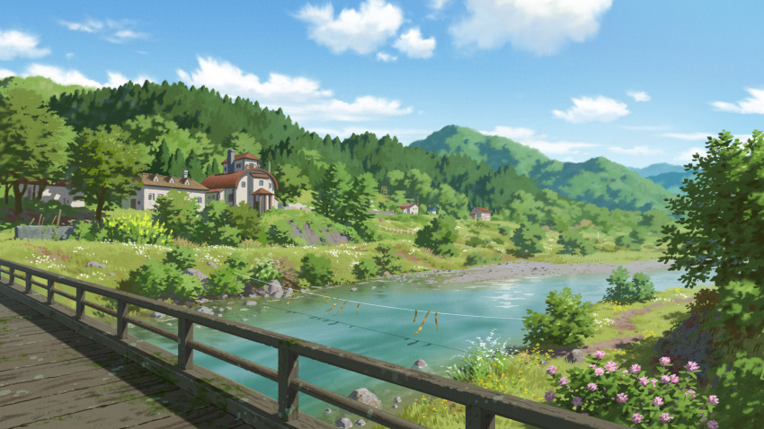 akasa_tanaha_(user_uhrn4435) blue_sky bridge bush clouds cloudy_sky commentary_request flower forest grass highres hill house nature no_humans original outdoors railing river rock rope scenery sky tree