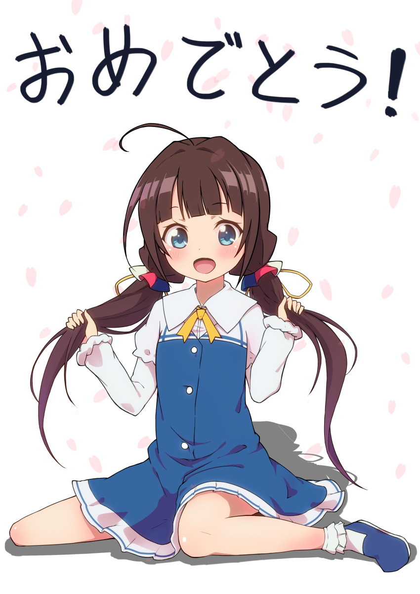 1girl :d absurdres blue_dress blue_eyes blue_footwear blush bobby_socks brown_hair dress highres hinatsuru_ai holding holding_hair jukai long_hair long_sleeves looking_at_viewer low_twintails open_mouth petals puffy_short_sleeves puffy_sleeves ryuuou_no_oshigoto! school_uniform shoes short_over_long_sleeves short_sleeves sitting smile socks solo translation_request twintails very_long_hair wariza white_background white_legwear