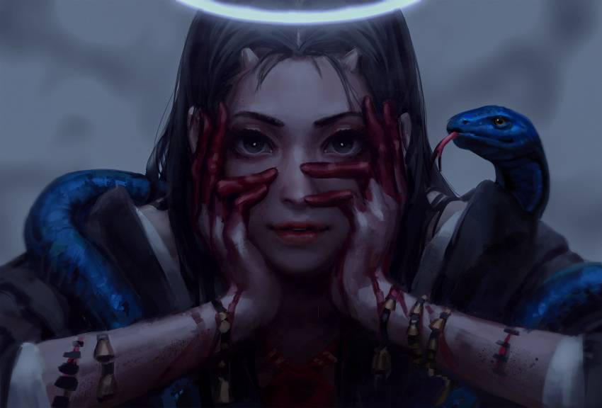 1girl animal arms_up black_eyes black_hair blood bloody_hands blurry blurry_background close-up depth_of_field face forehead glowing guweiz halo hands_on_own_cheeks hands_on_own_face highres horns lips long_hair looking_at_viewer nose original parted_lips red_lips sleeves_past_elbows snake solo tongue tongue_out upper_body