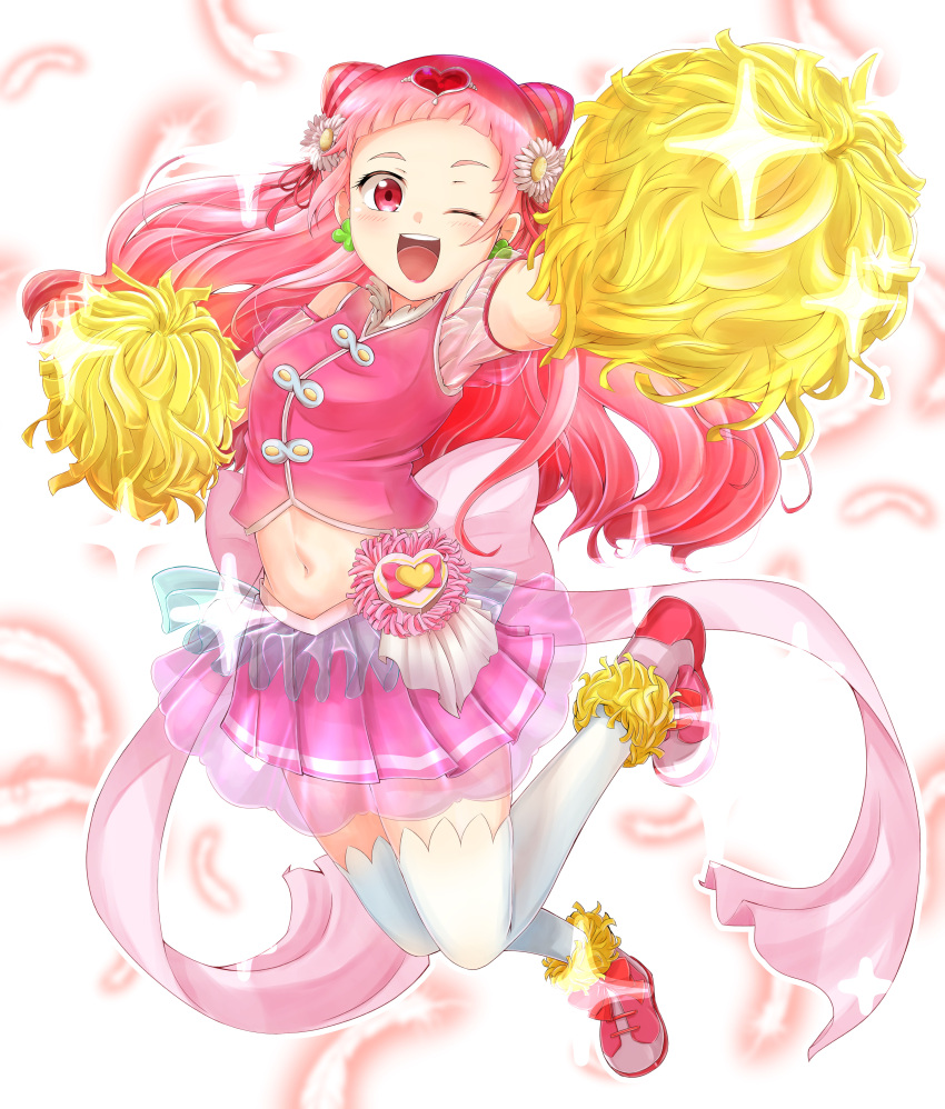 1girl ;d absurdres cure_yell earrings full_body heart highres hugtto!_precure jewelry long_hair looking_at_viewer magical_girl navel nono_hana one_eye_closed open_mouth pink_hair pom_poms precure shinonome_mozuku smile solo thigh-highs white_legwear