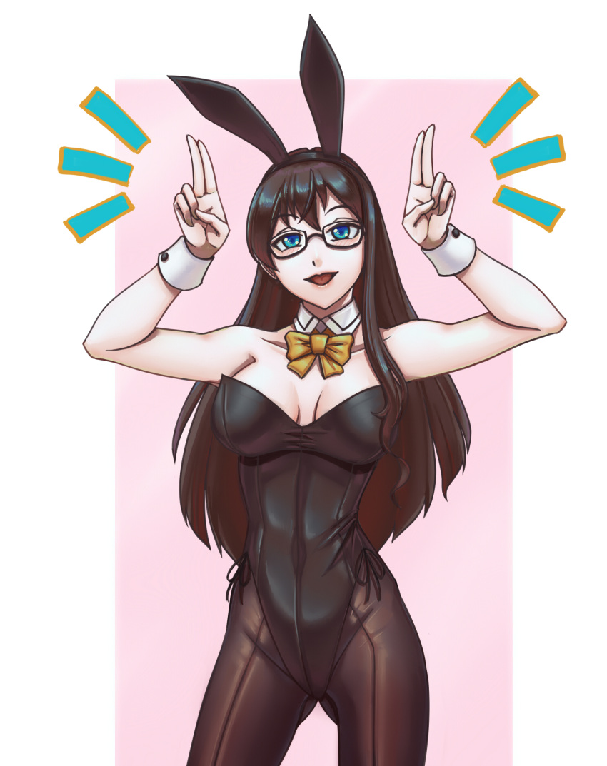 1girl absurdres animal_ears black_hair black_legwear black_leotard blue_eyes bow bowtie breasts bunny_pose bunny_tail bunnysuit cowboy_shot detached_collar glasses gluteal_fold highres kantai_collection leebigtree leotard lips long_hair medium_breasts ooyodo_(kantai_collection) pantyhose pink_background rabbit_ears red-framed_eyewear solo strapless strapless_leotard tail two-tone_background white_background wrist_cuffs yellow_neckwear