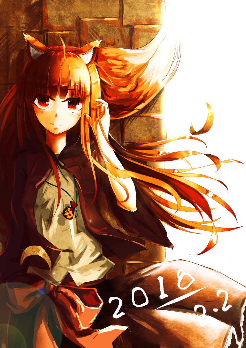 1girl absurdres animal_ears brick_wall brown_hair brown_skirt cloak closed_mouth eyebrows_visible_through_hair hand_in_hair highres holo long_hair looking_at_viewer pouch red_eyes shirt skirt solo spice_and_wolf tail wolf_ears wolf_tail z2byytla