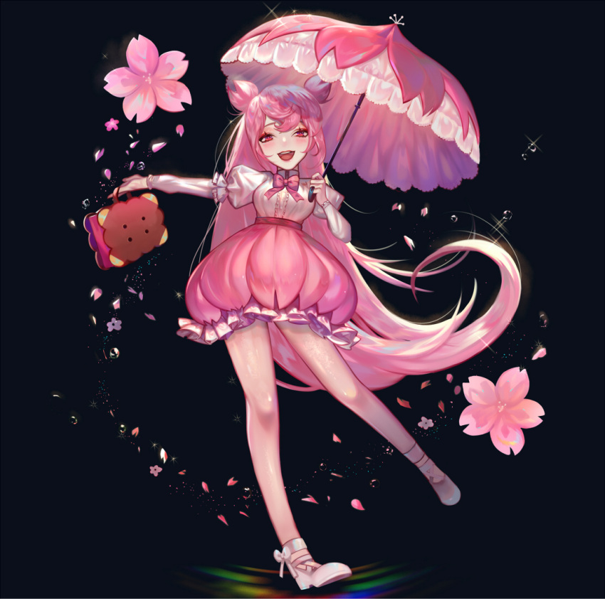 1girl :d bag black_background bow bowtie bubble_skirt cherry_blossom_cookie cookie_run double_bun flower long_hair looking_at_viewer open_mouth petals pink_eyes pink_hair pink_neckwear pink_skirt pink_umbrella simple_background skirt smile solo standing standing_on_one_leg umbrella very_long_hair ziiiing