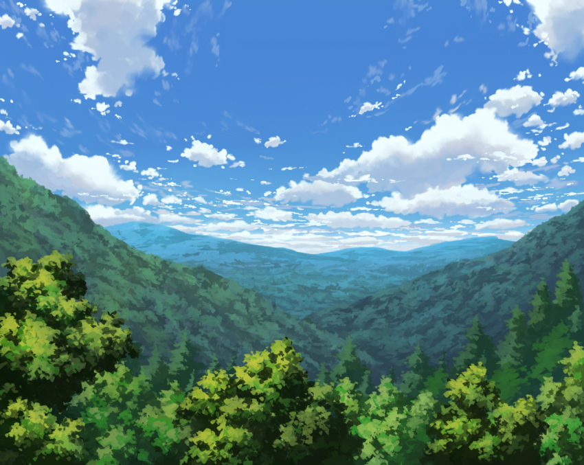 aoha_(twintail) blue_sky clouds commentary day forest horizon mountain nature no_humans original outdoors scenery sky tree valley