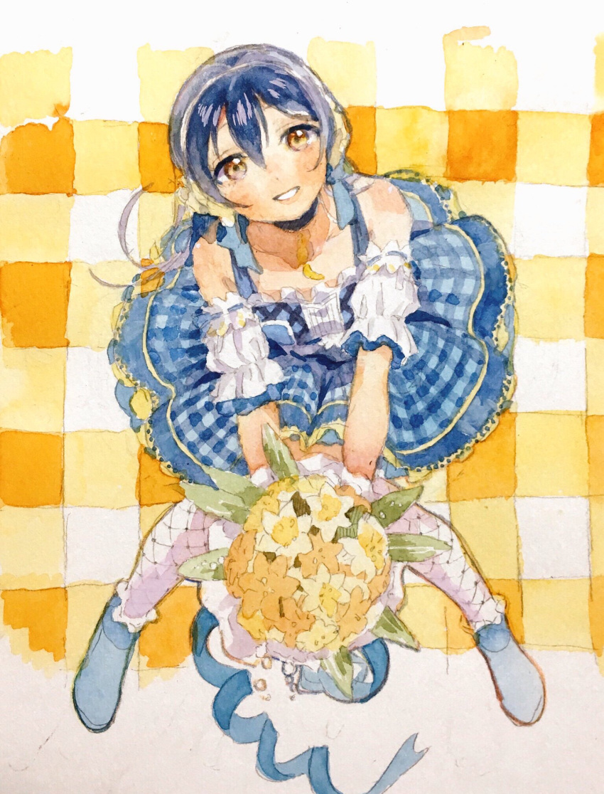 1girl bangs bare_shoulders blue_hair blush bouquet commentary_request dress flower full_body hair_between_eyes highres holding holding_bouquet long_hair looking_at_viewer love_live! love_live!_school_idol_festival love_live!_school_idol_project open_mouth plaid plaid_dress solo sonoda_umi thigh-highs yellow_eyes
