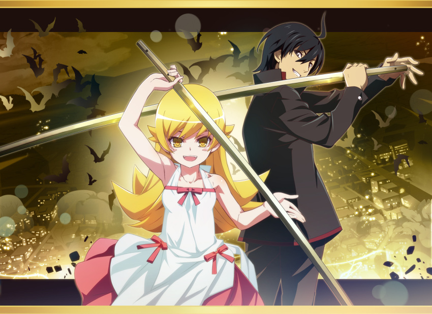 1boy 1girl :d ahoge araragi_koyomi arm_up armpits backlighting bare_arms bare_shoulders bat black_eyes black_hair black_pants blonde_hair blush_stickers cityscape cowboy_shot debris dress gakuran grin hair_between_eyes halter_dress holding holding_sword holding_weapon layered_dress lens_flare letterboxed long_hair long_sleeves looking_at_viewer nyoro_(nyoronyoro000) open_mouth oshino_shinobu outdoors pants pink_ribbon ribbon school_uniform sleeveless sleeveless_dress smile standing straight_hair sundress sword teeth v-shaped_eyebrows weapon white_dress yellow_eyes