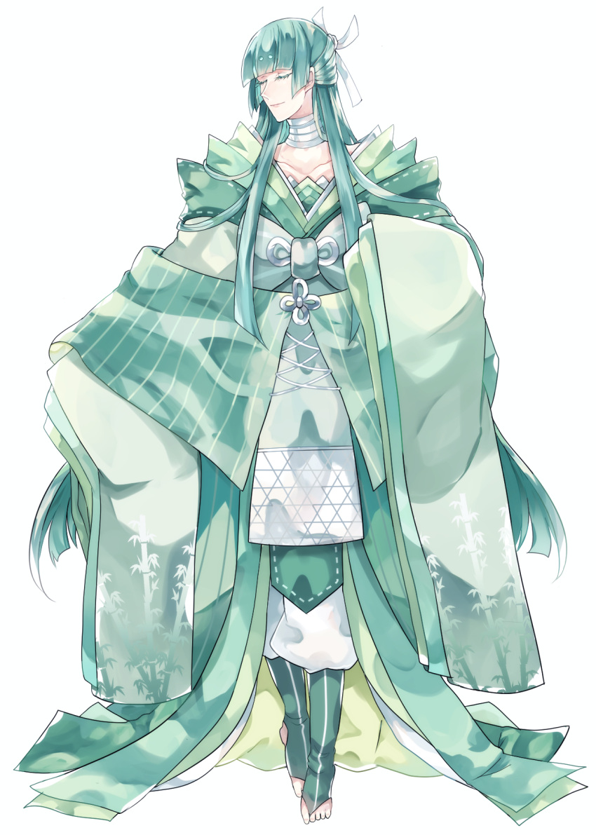 androgynous asame21 bad_feet bamboo_print bangs blunt_bangs bow celesteela closed_eyes collarbone eyelashes facing_viewer full_body gen_7_pokemon green_hair green_legwear hair_bow highres japanese_clothes light_smile long_hair no_shoes personification pokemon solo standing very_long_hair white_bow