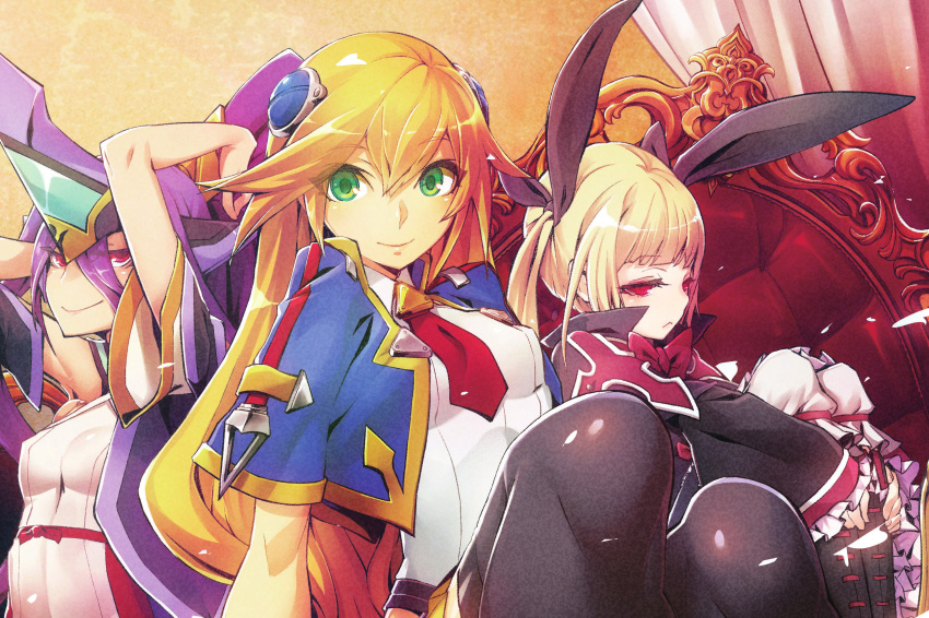 3girls :&lt; artist_request black_legwear blazblue blonde_hair blue_capelet breasts cape capelet detached_sleeves forehead_protector green_eyes hair_between_eyes hair_ribbon hairpods highres legs_together long_hair mikado_(blazblue) miniskirt multiple_girls noel_vermillion official_art purple_hair rachel_alucard red_eyes ribbon sitting skirt small_breasts smile thigh-highs throne twintails wide_sleeves zettai_ryouiki