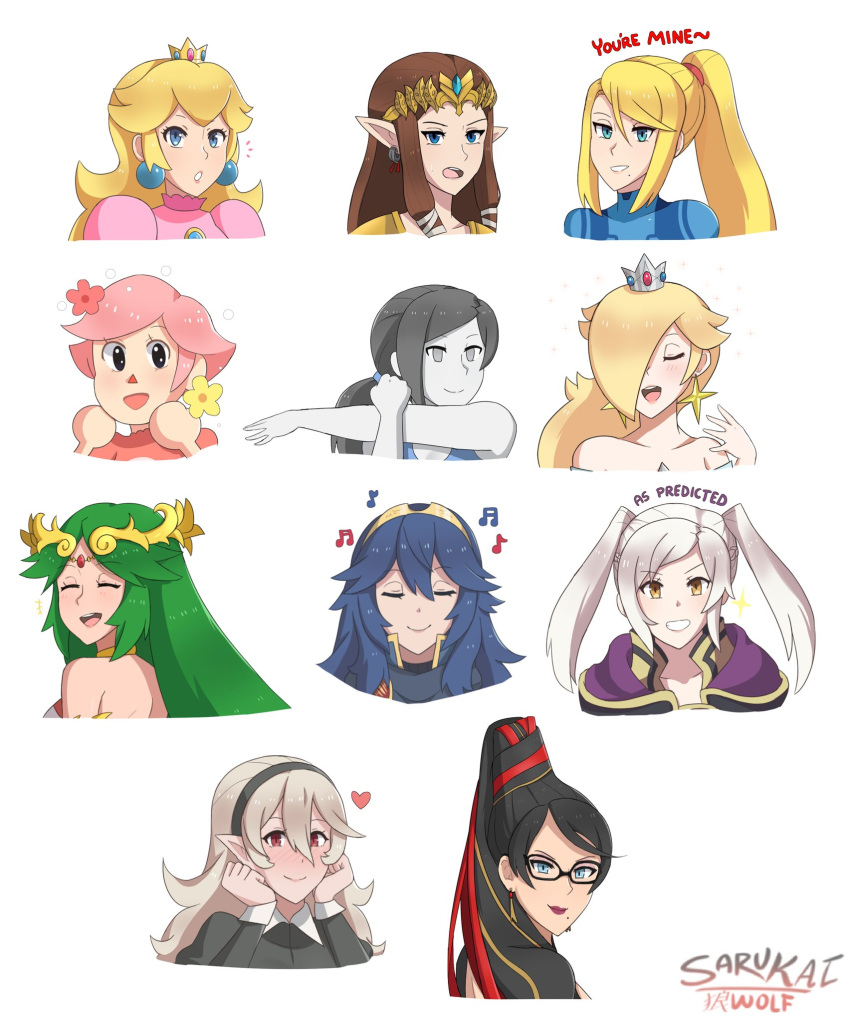 amulet armor bayonetta bayonetta_(character) beehive_hairdo black_hair blonde_hair blue_bodysuit blue_eyes blue_hair blush bodysuit cape doubutsu_no_mori eyeshadow female_my_unit_(fire_emblem:_kakusei) female_my_unit_(fire_emblem_if) fire_emblem fire_emblem:_kakusei fire_emblem_if glasses green_eyes green_hair hair_between_eyes hairband highres kid_icarus kid_icarus_uprising lips lipstick long_hair looking_at_viewer lucina makeup mamkute super_mario_bros. metroid mole mole_under_mouth my_unit_(fire_emblem:_kakusei) my_unit_(fire_emblem_if) palutena pointy_ears ponytail princess_peach princess_zelda robe rosetta_(mario) samus_aran sarukaiwolf short_hair silver_hair skin_tight super_mario_bros. super_mario_galaxy super_smash_bros. tank_top the_legend_of_zelda the_legend_of_zelda:_twilight_princess twintails villager_(doubutsu_no_mori) white_hair white_skin wii_fit wii_fit_trainer zero_suit