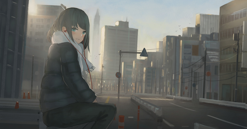 1girl bird blush city cityscape earphones eyebrows_visible_through_hair green_eyes grey_hair guard_rail long_sleeves looking_at_viewer looking_back original pants parted_lips power_lines reido_(reido_c) road_sign scarf sign sitting smile solo telephone_pole traffic_cone white_scarf