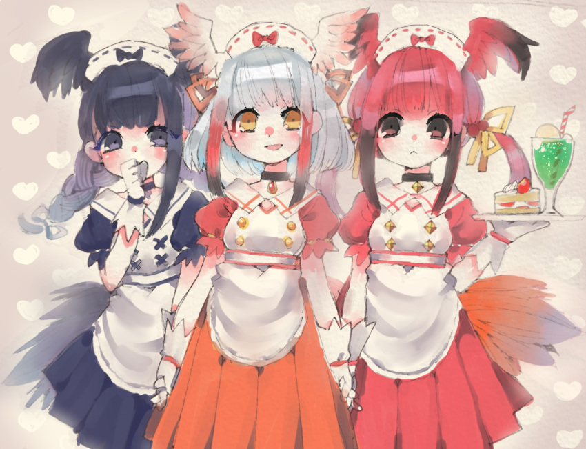 3girls alternate_costume apron bangs bird_tail bird_wings black-headed_ibis_(kemono_friends) black_bow black_hair blush bow braid cake choker closed_mouth covering_mouth cup dress drinking_glass drinking_straw enmaided eyebrows_visible_through_hair food hair_bobbles hair_ornament hair_tie hand_holding hand_over_own_mouth head_wings ichi001 japanese_crested_ibis_(kemono_friends) kemono_friends maid maid_apron maid_headdress multicolored_hair multiple_girls open_mouth pleated_dress puffy_short_sleeves puffy_sleeves red_bow redhead scarlet_ibis_(kemono_friends) short_hair_with_long_locks short_sleeves slice_of_cake tray twintails white_hair wings