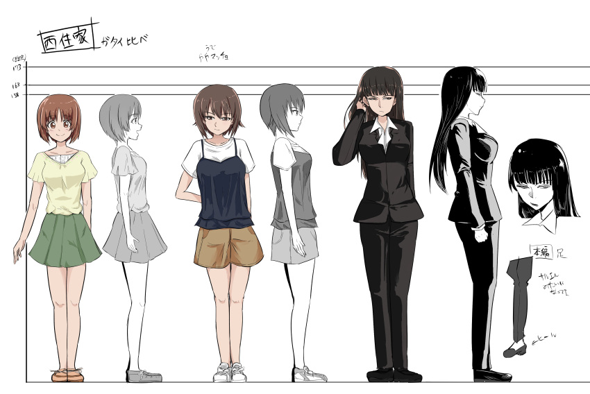 3girls absurdres adjusting_hair arm_behind_back bangs black_footwear black_jacket black_pants black_shirt black_suit blunt_bangs brown_footwear brown_shorts camisole casual closed_mouth cross-laced_footwear dress_shirt eyebrows_visible_through_hair family flats formal from_side frown girls_und_panzer glaring green_skirt height_chart highres jacket layered_clothing long_hair looking_at_viewer miniskirt mother_and_daughter multiple_girls nishizumi_maho nishizumi_miho nishizumi_shiho open_mouth pant_suit pants partially_colored pleated_skirt shirt shoes short_hair short_sleeves shorts siblings sisters skirt smile sneakers standing suit t-shirt translation_request urouchi white_footwear white_shirt yellow_shirt