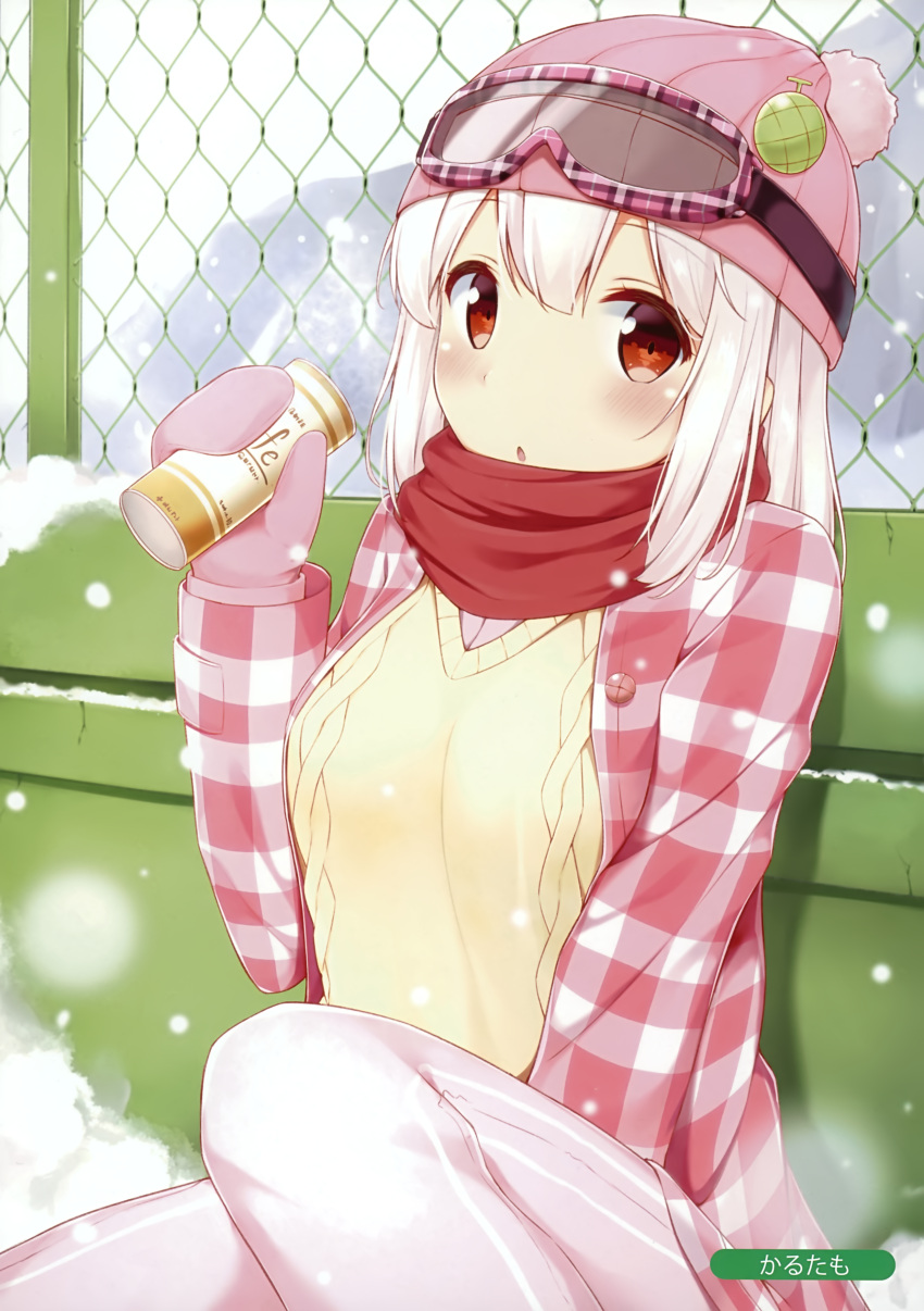 1girl absurdres aran_sweater bangs beanie blunt_bangs blush breasts can chain-link_fence day eyebrows_visible_through_hair fence goggles goggles_on_headwear hair_between_eyes hand_up hat hat_pin highres holding holding_can jacket karutamo long_hair long_sleeves looking_at_viewer medium_breasts mittens open_clothes open_jacket original outdoors pants parted_lips pink_hat pink_pants plaid_jacket pom_pom_(clothes) red_eyes red_scarf scan scarf sitting ski_goggles snow snowing solo sweater tisshu_(karutamo) white_hair winter_clothes yellow_sweater