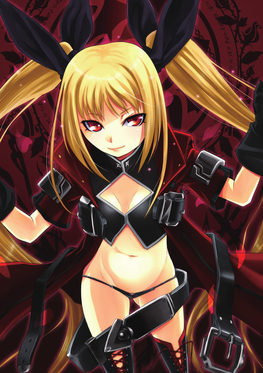 1girl absurdres belt black_ribbon blazblue blonde_hair boots gloves hair_ribbon highres long_hair no_pants official_art rachel_alucard red_eyes ribbon solo thigh-highs thigh_boots twintails