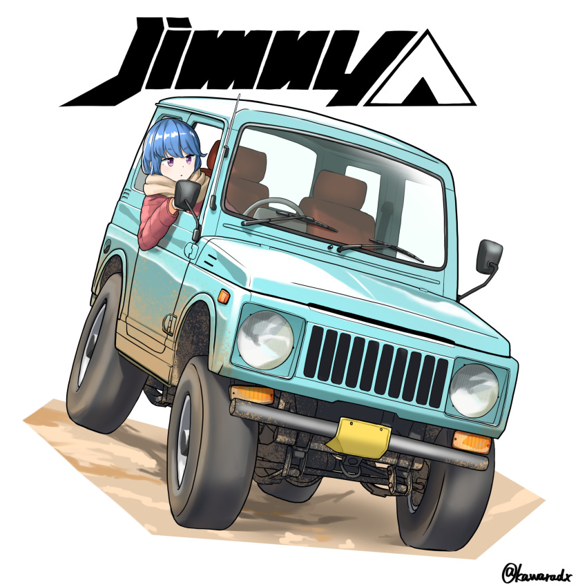 1girl blue_hair blush brown_scarf coat commentary_request dirt driving eyebrows_visible_through_hair ground_vehicle highres morodasizaurusu motor_vehicle parted_lips red_coat shima_rin sitting solo twitter_username violet_eyes white_background yurucamp
