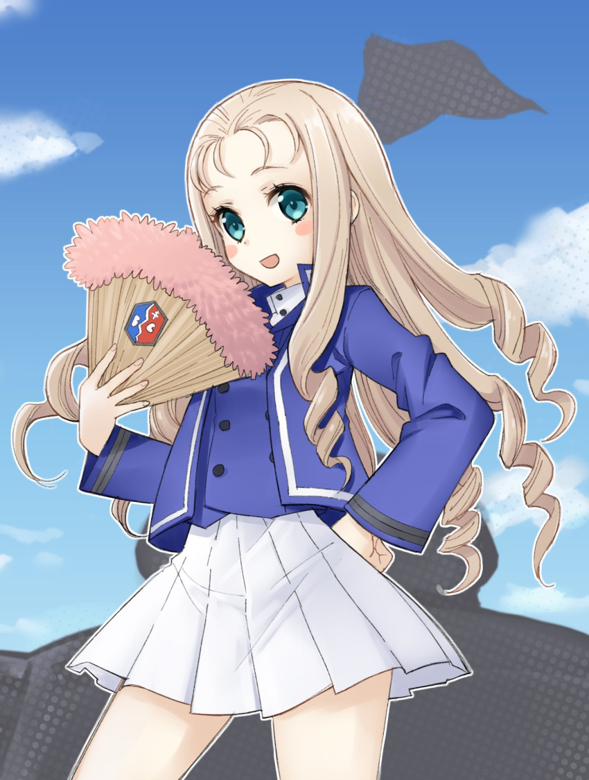 1girl :d bc_freedom_(emblem) bc_freedom_military_uniform blonde_hair blue_jacket blue_vest blurry blurry_background blush_stickers clouds cloudy_sky commentary cowboy_shot day depth_of_field dress_shirt drill_hair emblem fan folding_fan forehead girls_und_panzer green_eyes hand_on_hip high_collar highres inumoto jacket long_hair long_sleeves looking_at_viewer marie_(girls_und_panzer) military military_uniform miniskirt open_mouth pleated_skirt shirt skirt sky smile solo standing uniform vest white_shirt white_skirt