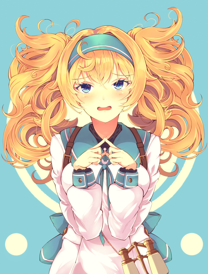 1girl alternate_costume backpack bag binoculars blonde_hair blue_eyes breasts coat fingers_together gambier_bay_(kantai_collection) hair_between_eyes hairband highres kantai_collection large_breasts long_hair long_sleeves mizuyoukan_(mikususannda) open_mouth solo twintails upper_body