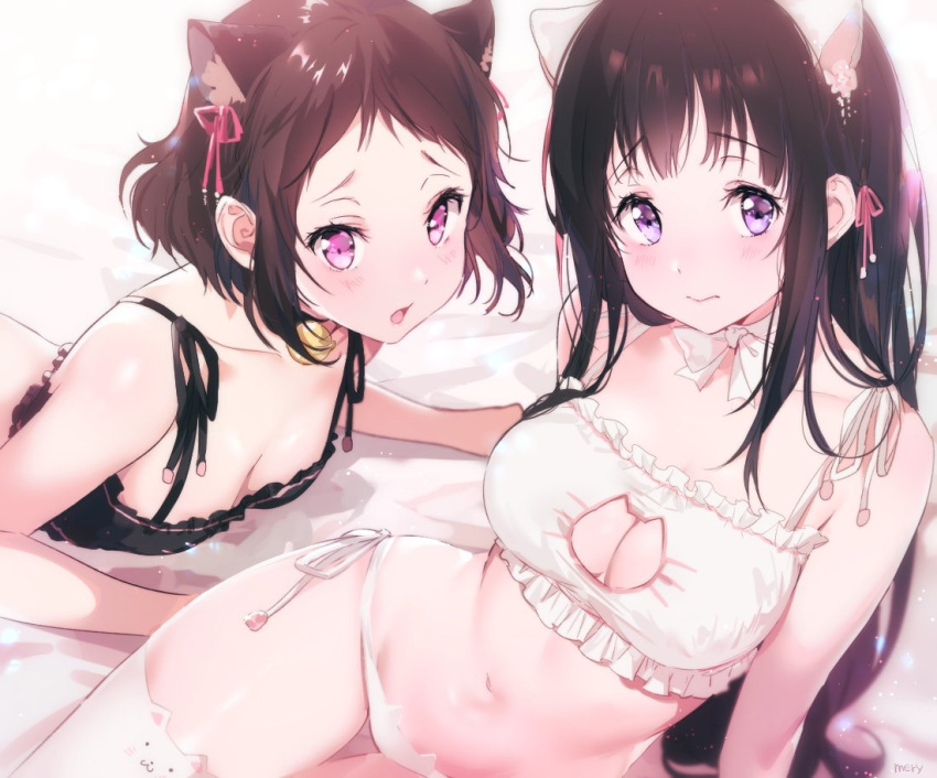 2girls :o animal_ears bed bell bell_collar belly black_hair blush breasts brown_hair cat_ears cat_lingerie chitanda_eru cleavage cleavage_cutout collar eyebrows_visible_through_hair hyouka ibara_mayaka lingerie lying meme_attire mery_(apfl0515) multiple_girls navel on_stomach panties pink_eyes simple_background sitting thighs underwear violet_eyes