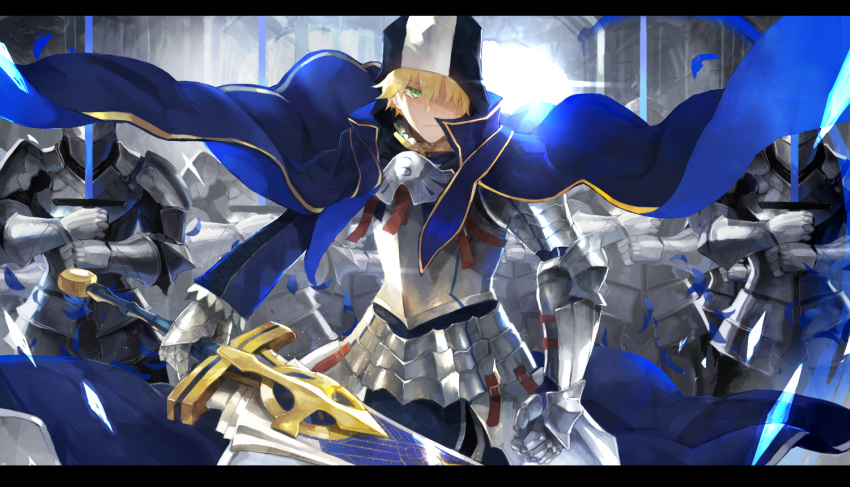 6+boys armor army backlighting blonde_hair blue_cloak blue_coat breastplate buckle clenched_hand cloak closed_mouth commentary cross excalibur_(fate/prototype) eyebrows_visible_through_hair falling_petals fate/prototype fate_(series) faulds full_armor gauntlets green_eyes hair_over_one_eye helm helmet holding holding_sword holding_weapon hood hood_up hooded_coat letterboxed light long_sleeves looking_at_viewer male_focus mono_(jdaj) multiple_boys pauldrons petals saber_(fate/prototype) serious standing sword two-handed v-shaped_eyes weapon wind