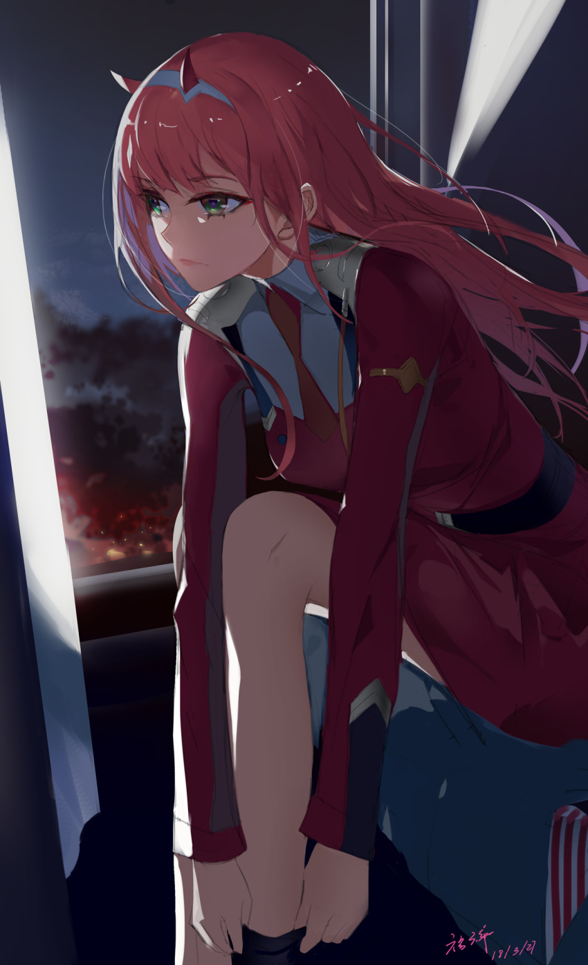 1girl american_flag_bikini bikini breasts closed_mouth darling_in_the_franxx eyebrows_visible_through_hair flag_print green_eyes headband highres horns indoors jewelry long_hair long_sleeves looking_away necklace night night_sky pink_hair rabbit_(tukenitian) shaded_face sitting sky solo swimsuit zero_two_(darling_in_the_franxx)