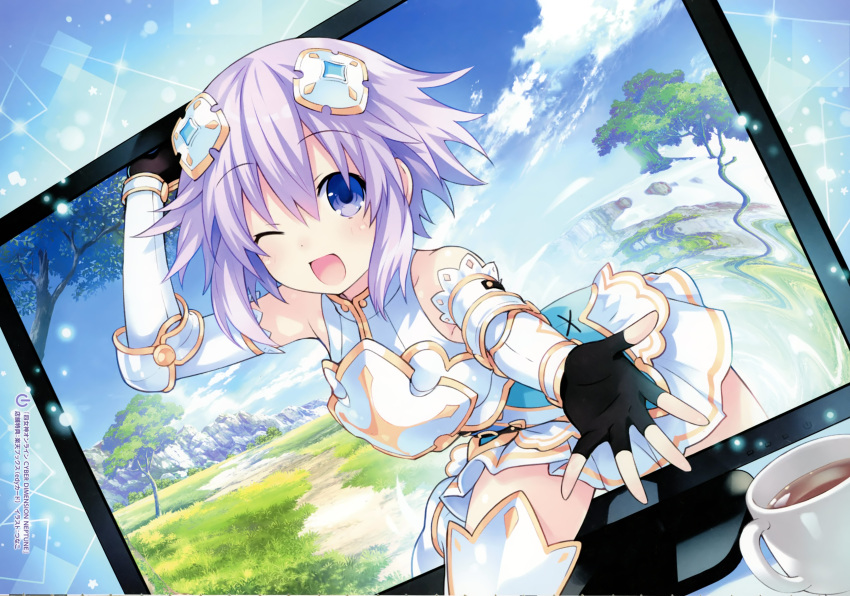 1girl absurdres blush boots cliff clouds coffee coffee_mug cup day detached_sleeves dress fantasy fingerless_gloves four_goddesses_online:_cyber_dimension_neptune game_cg gloves gold_armor grass hair_ornament happy highres looking_at_viewer monitor mug neptune_(choujigen_game_neptune) neptune_(series) pink_hair purple_hair reaching_out rock short_hair sky smile solo thigh-highs thigh_boots tree tsunako violet_eyes white_dress