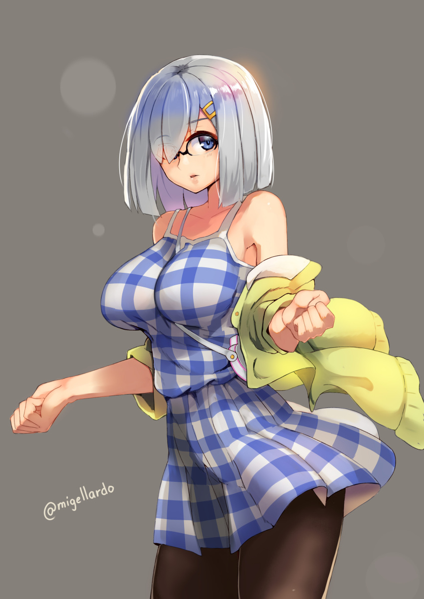 1girl absurdres alternate_costume bare_shoulders between_breasts breasts brown_legwear checkered checkered_dress contrapposto cowboy_shot dress glasses grey_background hair_ornament hairclip hamakaze_(kantai_collection) highres jacket kantai_collection kion-kun large_breasts lens_flare long_hair looking_at_viewer off_shoulder open_clothes open_jacket over-rim_eyewear pantyhose semi-rimless_eyewear shiny shiny_hair short_hair silver_hair simple_background solo standing strap_cleavage twitter_username yellow_jacket