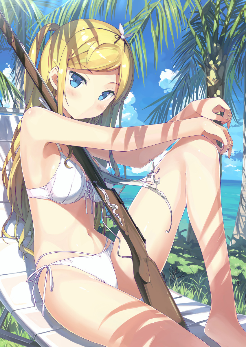 1girl absurdres agathe_arier bare_legs barefoot beach between_breasts bikini blonde_hair blue_eyes blush breasts cleavage clouds commentary_request day derivative_work eyebrows_visible_through_hair front-tie_bikini front-tie_top gun hair_over_breasts hair_ribbon highres kantoku leg_up long_hair looking_at_viewer marchen_madchen medium_breasts navel outdoors palm_tree ribbon rifle shiny shiny_skin side-tie_bikini sky solo sou_sagara_(style) swimsuit tree weapon
