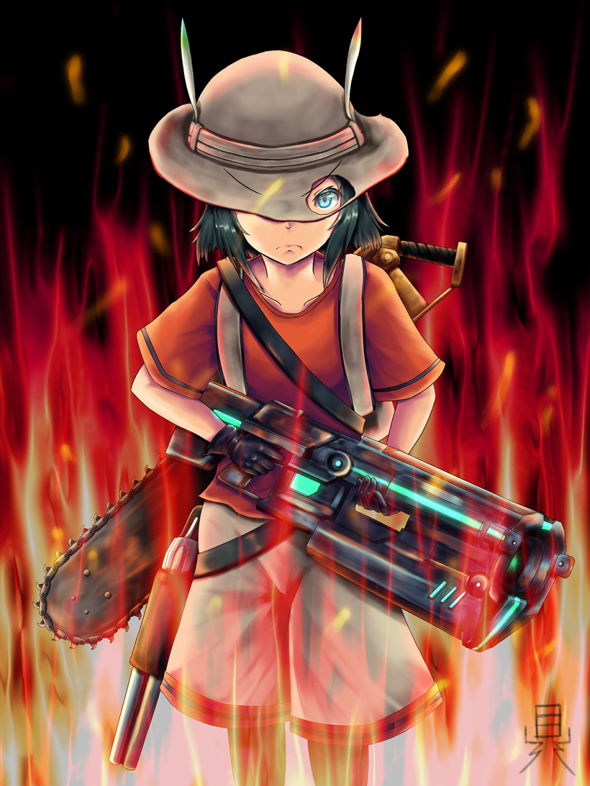 1girl aura backpack bag bfg_9000 black_gloves black_legwear blue_eyes chainsaw commentary_request crossover doom_(2016) doom_(game) eyebrows_visible_through_hat fire frown gloves gun hat hat_feather hat_over_one_eye highres kaban_(kemono_friends) kemono_friends looking_at_viewer pantyhose pantyhose_under_shorts red_shirt serious shirt shorts shotgun solo weapon white_shorts