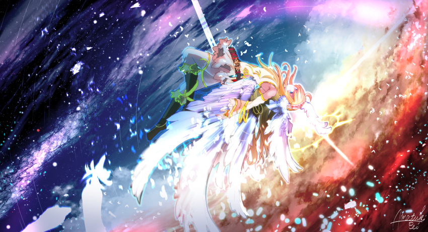 1girl ahoge amatsuki_rei angel_wings black_footwear blonde_hair boots commentary_request fantasy flying hairband highres holding holding_sword holding_weapon long_hair looking_at_viewer milky_way multiple_wings original pants scenery signature sky solo star_(sky) starry_sky sword weapon white_pants wings