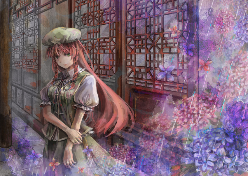 1girl bangs black_bow bow braid closed_mouth commentary_request flower green_eyes green_hat green_skirt gu_hu hair_bow hat highres hong_meiling light_smile long_hair looking_at_viewer outdoors puffy_short_sleeves puffy_sleeves purple_flower rain redhead road short_sleeves skirt skirt_set solo standing star street touhou twin_braids vest wing_collar