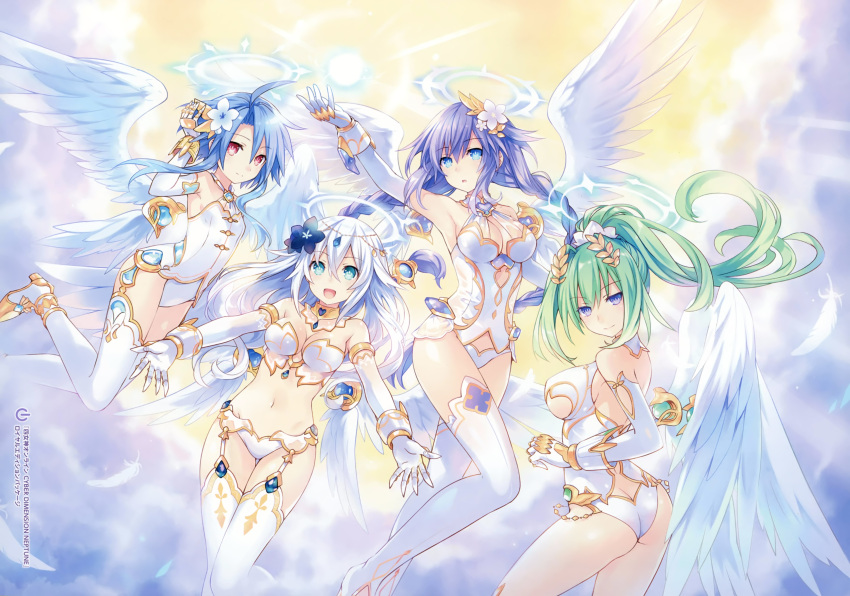 4girls absurdres angel_wings ass black_heart blue_eyes blue_hair braid breasts butt_crack cleavage collar elbow_gloves flat_chest four_goddesses_online:_cyber_dimension_neptune garter_belt gem gloves green_heart hair_ornament halo highres jewelry large_breasts leotard long_hair looking_at_viewer medium_breasts multiple_girls navel neptune_(series) official_art open_mouth power_symbol purple_hair purple_heart red_eyes short_hair short_hair_with_long_locks sideboob smile thigh-highs tsunako twin_braids violet_eyes waist white_hair white_heart wings