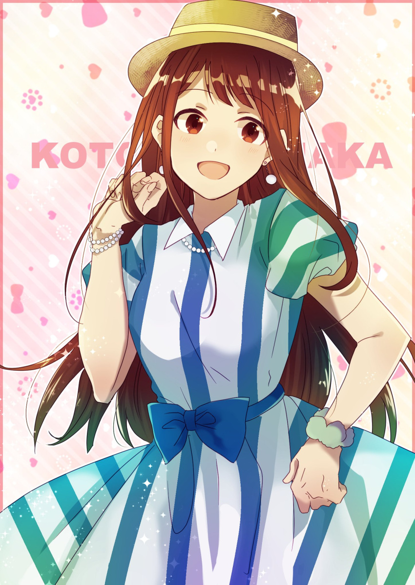 1girl artist_request blush bracelet brown_eyes brown_hair character_name commentary_request dress earrings eyebrows_visible_through_hair hat highres idolmaster idolmaster_million_live! jewelry long_hair looking_at_viewer open_mouth pearl_bracelet sketch smile solo striped striped_background striped_dress tanaka_kotoha