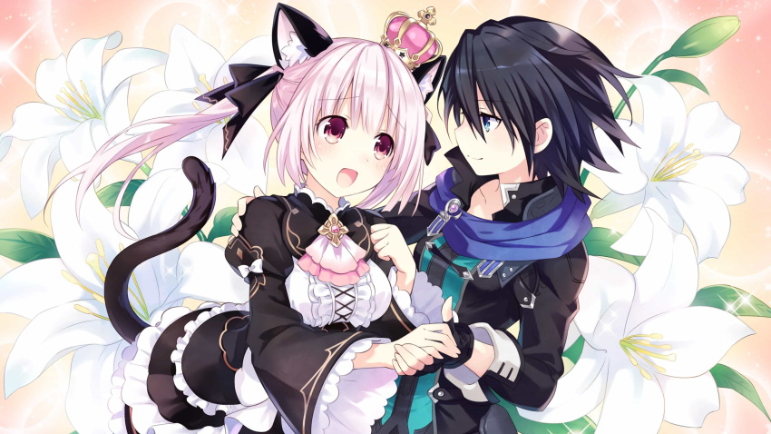 2girls absurdres animal_ears black_hair blue_eyes cat_ears company_name crown eye_contact fingerless_gloves flower four_goddesses_online:_cyber_dimension_neptune game_cg gloves hand_holding highres kiria_(neptune) kuronekohime lily_(flower) looking_at_another mini_crown multiple_girls neptune_(series) official_art open_mouth pink_eyes pink_hair reverse_trap smile tsunako yuri