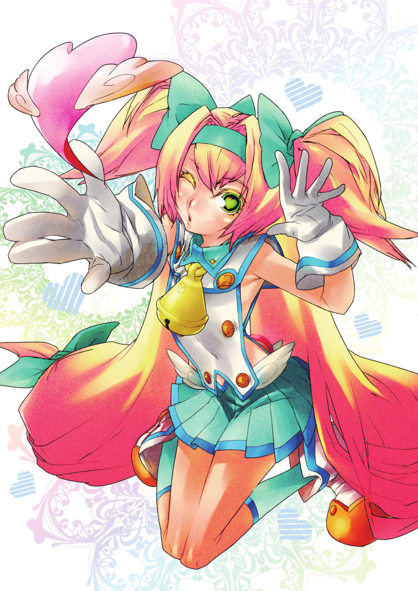 1girl absurdres armpits bell blazblue blonde_hair blown_kiss bow cow_bell flat_chest gloves green_eyes hair_bow hairband heart heart-shaped_pupils highres kiss knees_together_feet_apart official_art one_eye_closed outstretched_hand platinum_the_trinity skirt socks solo symbol-shaped_pupils twintails