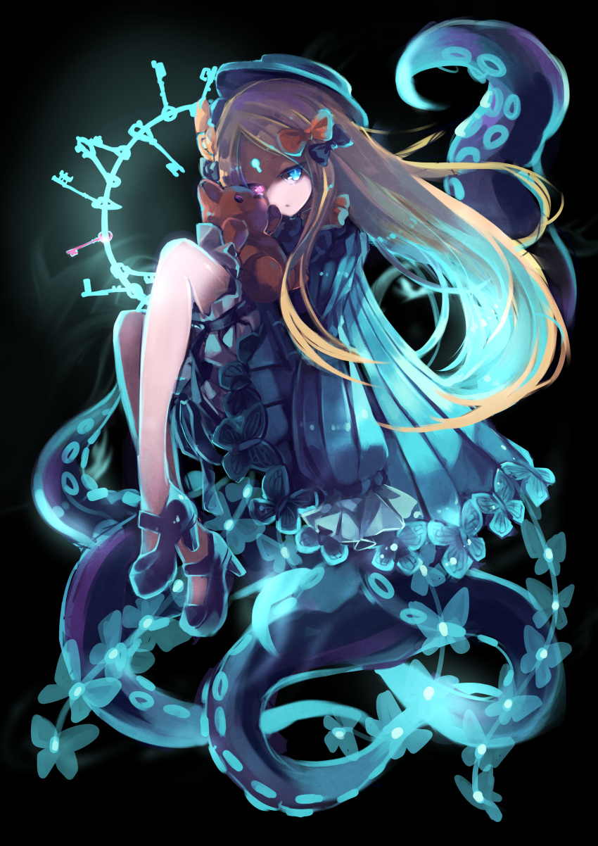 1girl abigail_williams_(fate/grand_order) absurdres aose_touka bangs black_background black_bow black_dress black_footwear black_hat blonde_hair bloomers blue_eyes bow butterfly closed_mouth dress fate/grand_order fate_(series) glowing glowing_eyes hair_bow hat heterochromia high_heels highres holding holding_stuffed_animal insect key long_hair long_sleeves looking_at_viewer mary_janes orange_bow parted_bangs pink_eyes polka_dot polka_dot_bow shoes sleeves_past_fingers sleeves_past_wrists solo stuffed_animal stuffed_toy suction_cups teddy_bear tentacle underwear very_long_hair white_bloomers