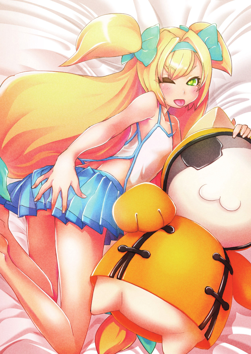 1girl absurdres bare_legs blazblue blonde_hair character_doll green_eyes hair_ribbon hairband heart heart-shaped_pupils highres jubei_(blazblue) long_hair low-tied_long_hair miniskirt official_art one_eye_closed platinum_the_trinity pleated_skirt ribbon skirt sleeveless symbol-shaped_pupils tongue tongue_out two_side_up