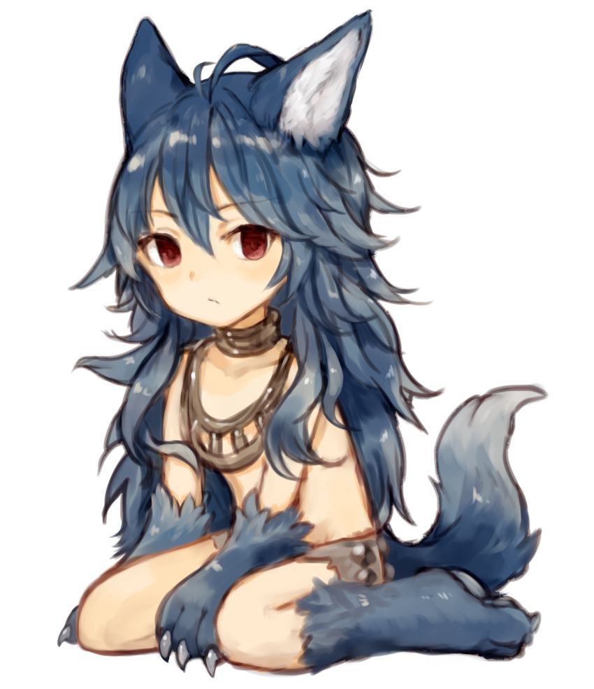1girl animal_ears antenna_hair between_legs blue_hair closed_mouth eyebrows_visible_through_hair fenrir_(shingeki_no_bahamut) full_body fur granblue_fantasy hand_between_legs highres jewelry long_hair looking_at_viewer monster_girl necklace paws red_eyes shingeki_no_bahamut simple_background sitting solo sukemyon tail wariza white_background wolf_ears wolf_tail