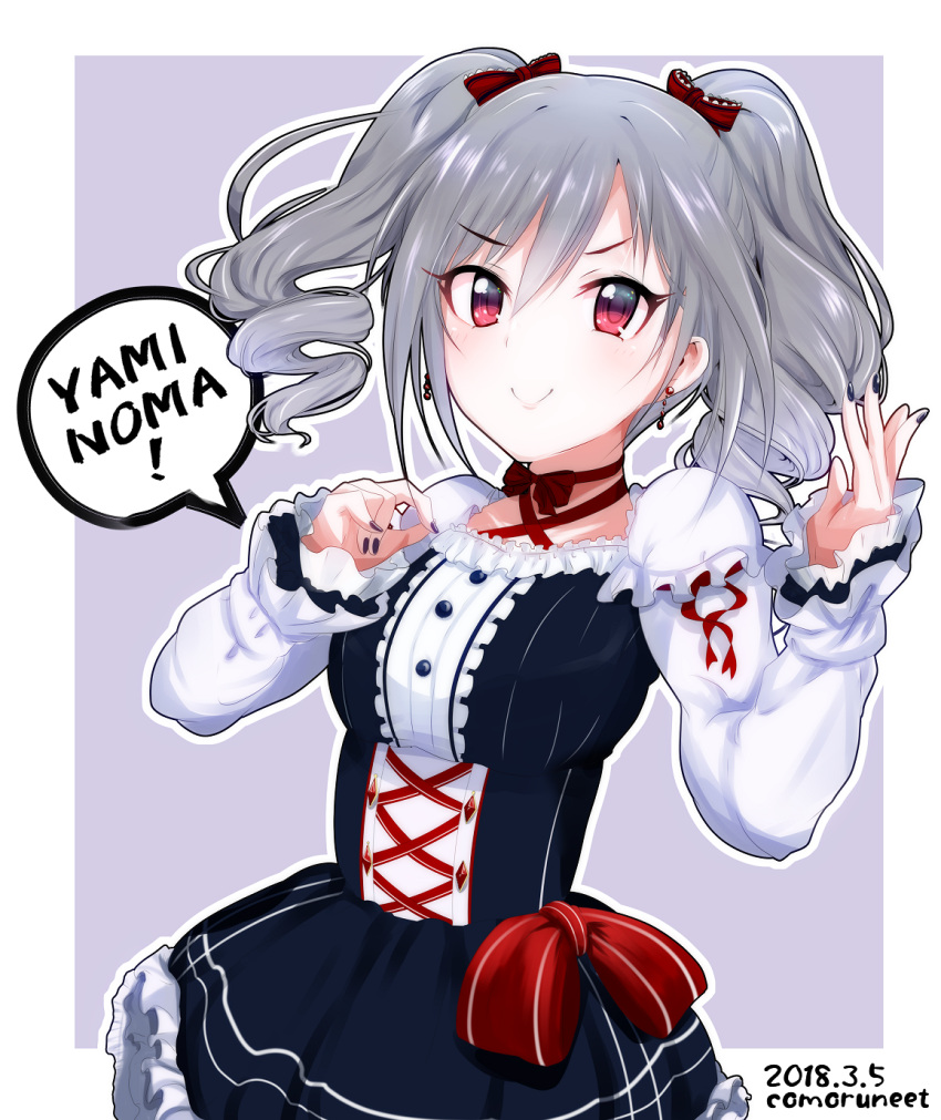 1girl breasts closed_mouth commentary_request cowboy_shot dated dress drill_hair gothic_lolita highres idolmaster idolmaster_cinderella_girls kanzaki_ranko lolita_fashion long_hair medium_breasts nail_polish red_eyes silver_hair smile smug solo takesyun twin_drills twintails