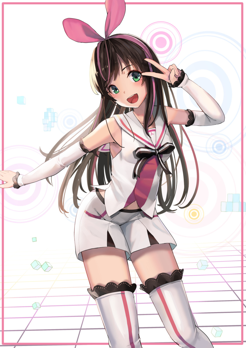 1girl :d a.i._channel bangs blush brown_hair contrapposto detached_sleeves eyebrows_visible_through_hair green_eyes hairband head_tilt highres kizuna_ai lace lace-trimmed_sleeves lace-trimmed_thighhighs long_hair looking_at_viewer multicolored_hair open_mouth outstretched_arm pink_hair pink_hairband round_teeth sailor_collar shirt shorts smile solo sunga2usagi teeth thigh-highs two-tone_hair v v_over_eye virtual_youtuber white_shorts