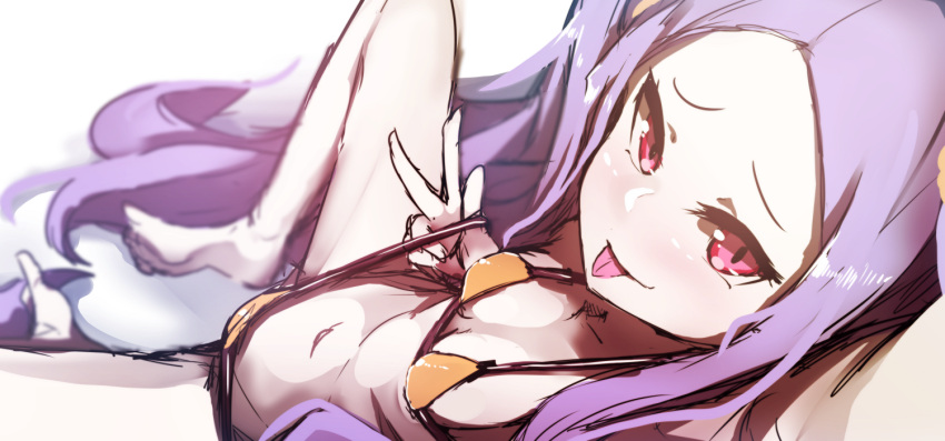 :p bangs bare_legs barefoot bikini blush breasts closed_mouth fate/grand_order fate_(series) forehead hair_ornament hair_scrunchie long_hair navel orange_bikini orange_scrunchie parted_bangs purple_hair scrunchie sketch small_breasts smile swimsuit tongue tongue_out twintails v very_long_hair violet_eyes wada_kazu white_background wu_zetian_(fate/grand_order)