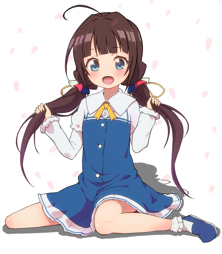 1girl :d absurdres blue_dress blue_eyes blue_footwear blush bobby_socks brown_hair commentary_request dress full_body highres hinatsuru_ai holding holding_hair jukai long_hair long_sleeves looking_at_viewer low_twintails open_mouth petals puffy_short_sleeves puffy_sleeves ryuuou_no_oshigoto! school_uniform shoes short_over_long_sleeves short_sleeves sitting smile socks solo twintails very_long_hair wariza white_background white_legwear