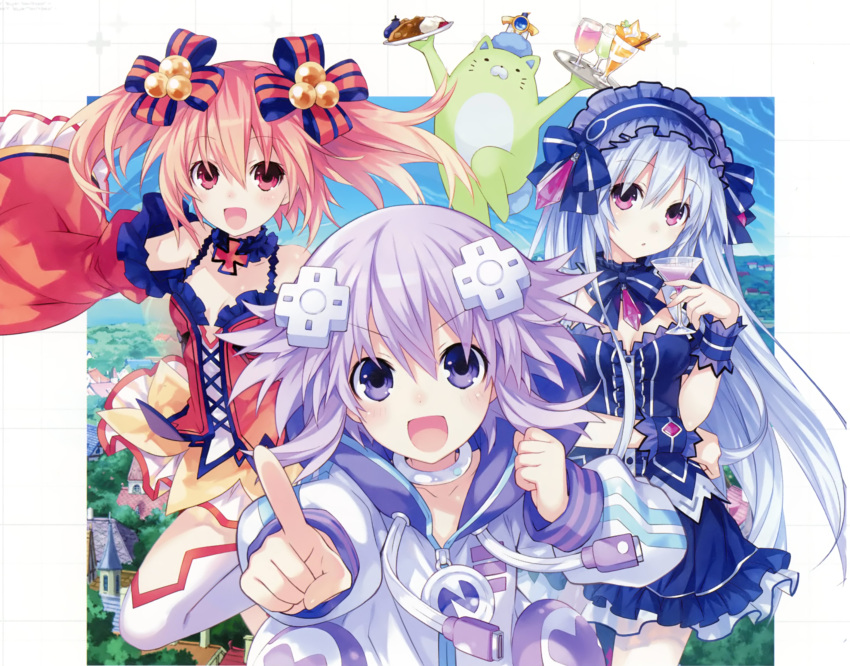 3girls absurdres alyn_(fairy_fencer_f) bare_shoulders blush bow breasts d-pad d-pad_hair_ornament detached_sleeves fairy_fencer_f frills hair_ornament hairband highres lolita_fashion lolita_hairband long_hair looking_at_viewer multiple_girls neptune_(choujigen_game_neptune) neptune_(series) official_art open_mouth pipin_(fairy_fencer_f) purple_hair red_eyes redhead ribbon short_hair skirt smile thigh-highs tiara_(fairy_fencer_f) tsunako twintails violet_eyes white_hair