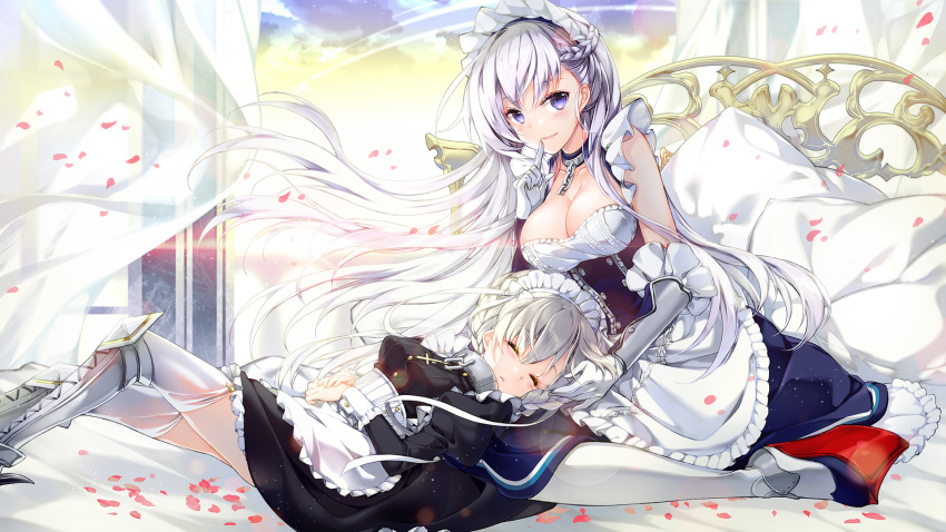 2girls azur_lane bangs bed belfast_(azur_lane) black_dress blue_eyes blush boots breasts cleavage closed_eyes clouds commentary_request cross-laced_footwear curtains dress eyebrows_visible_through_hair finger_to_mouth gloves grey_footwear hair_between_eyes highres indoors juna knee_boots lace-up_boots lap_pillow large_breasts long_hair looking_at_viewer medium_breasts multiple_girls pantyhose parted_lips petals pillow sheffield_(azur_lane) shushing silver_hair sitting sky sleeping smile strapless strapless_dress thigh-highs transparent very_long_hair wariza white_gloves white_legwear wind window